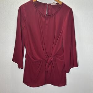 Entro Women’s M Burgundy Blouse Front Tie Waist 3/4 Sleeve Dressy Top Polyester